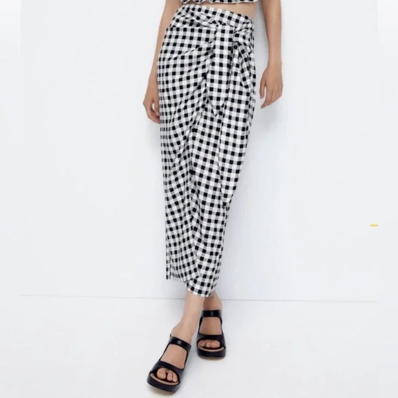 ZARA Gingham Linen Blend Skirt - Picture 3 of 12